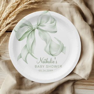 Elegant Sage Green Bow Baby Shower  Paper Plate