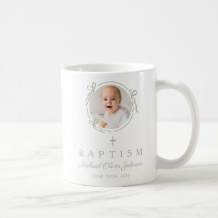 Elegant Sage Green Bow Boy Photo Baptism Coffee Mug