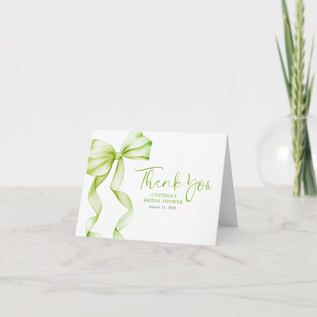 Elegant Sage Green Bow Bridal Shower Thank You Card (Front)