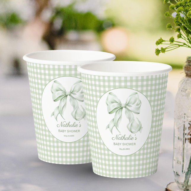 Elegant Sage Green Bow Gingham Baby Shower Paper Cups (Creator Uploaded)