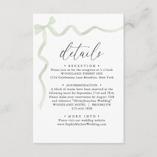 Elegant Sage Green Bow Monogram Wedding Details Enclosure Card