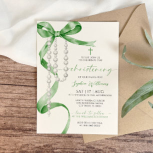 Elegant Sage Green Bow & Rosary Christening Invitation