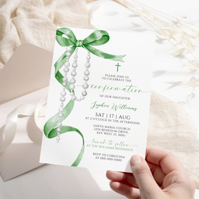 Elegant Sage Green Bow & Rosary Confirmation Invitation (Creator Uploaded)