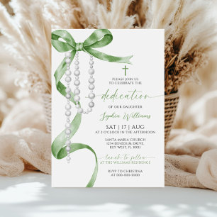 Elegant Sage Green Bow & Rosary Dedication Invitation