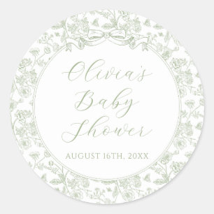 Elegant Sage Green Bow Vintage Floral Baby Shower Classic Round Sticker