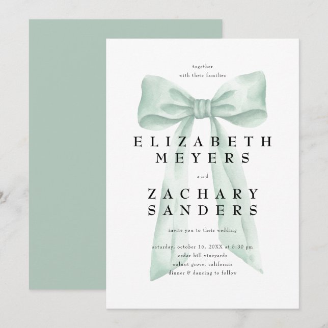 Elegant Sage Green Bow Wedding Invitation (Front/Back)