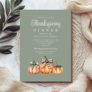 Elegant Sage Green Bows Pumpkins Thanksgiving Invitation