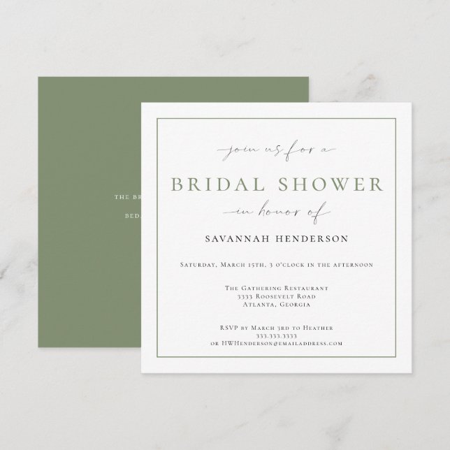 Elegant Sage Green Bridal Shower Classic Invitation (Front/Back)
