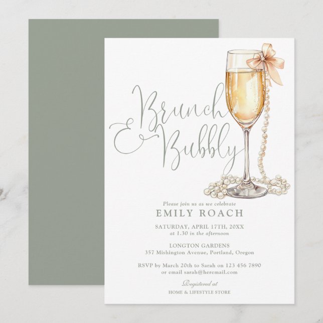 Elegant Sage Green Brunch And Bubbly Bridal Shower Invitation (Front/Back)