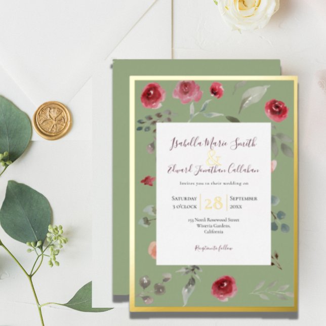Elegant Sage Green Burgundy Roses Gold Foil Invita (Creator Uploaded)
