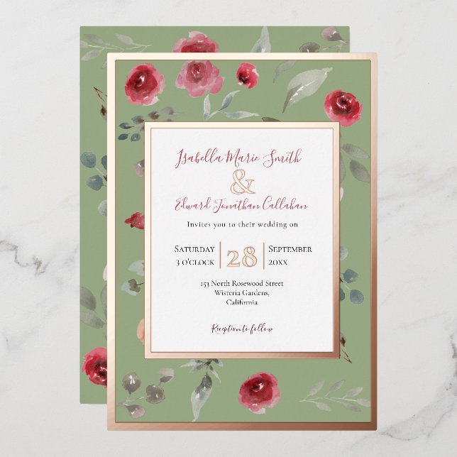 Elegant Sage Green Burgundy Roses Rose Gold  (Front/Back)