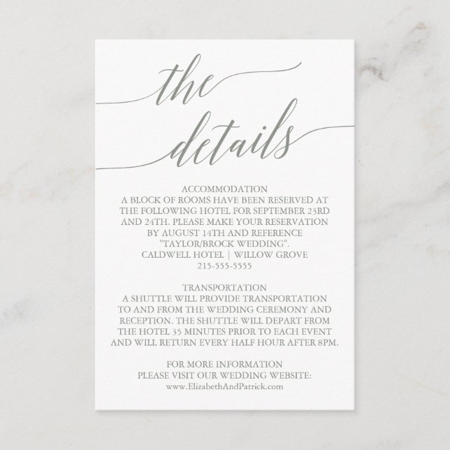 Elegant Sage Green Calligraphy Details Card (Front)