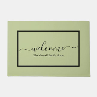 Elegant sage green calligraphy family name doormat