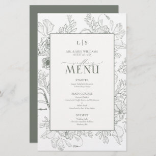 Elegant Sage Green Calligraphy Monogram Menu Card