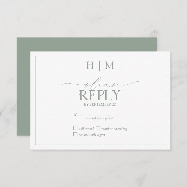 Elegant Sage Green Calligraphy Monogram RSVP (Front/Back)