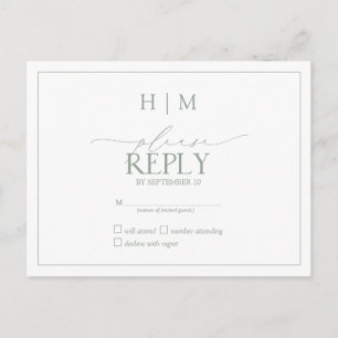 Elegant Sage Green Calligraphy Monogram RSVP Invitation Postcard