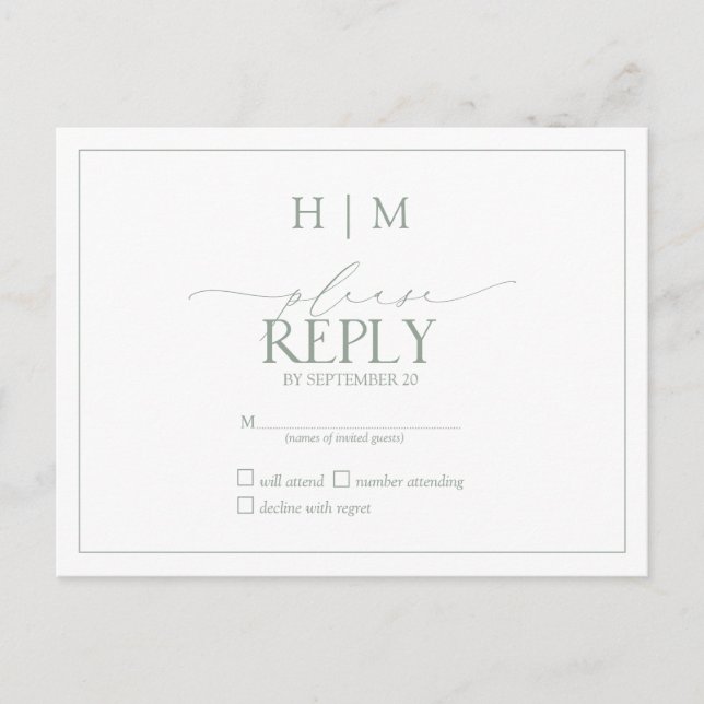 Elegant Sage Green Calligraphy Monogram RSVP Invitation Postcard (Front)