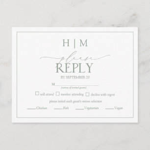 Elegant Sage Green Calligraphy Monogram RSVP Invitation Postcard