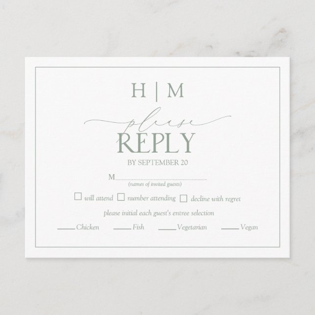 Elegant Sage Green Calligraphy Monogram RSVP Invitation Postcard (Front)