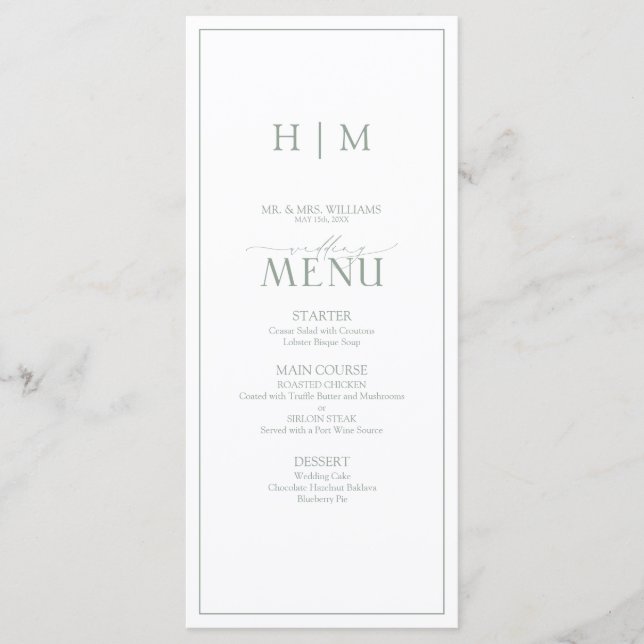 Elegant Sage Green Calligraphy Monogram Wedding Menu (Front)