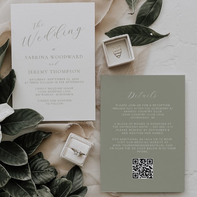 Elegant Sage Green Calligraphy QR Code Wedding Invitation (Creator Uploaded)