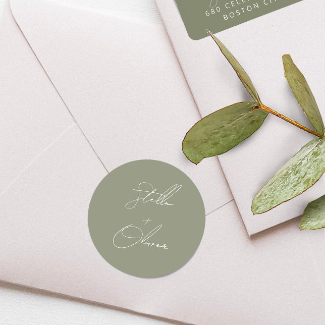 Elegant Sage Green Calligraphy Wedding Classic Round Sticker (Elegant Sage Green Calligraphy Wedding Classic Round Sticker)