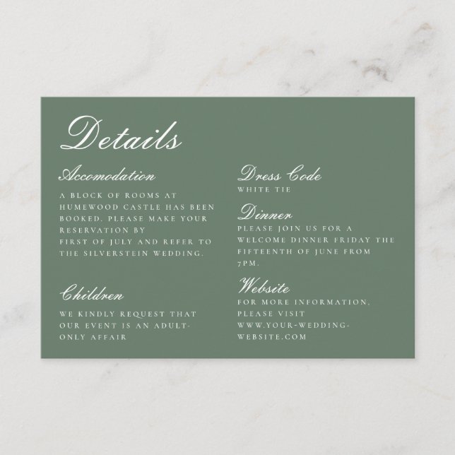 Elegant Sage Green Calligraphy Wedding Details Enclosure Card (Front)