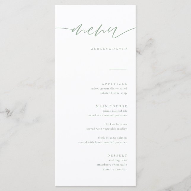 Elegant Sage Green Calligraphy Wedding Menu Cards (Front)