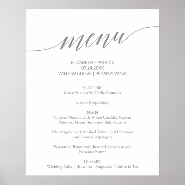 Elegant Sage Green Calligraphy Wedding Menu Sign (Front)
