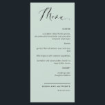 Elegant Sage Green Calligraphy Wedding / Reception Menu<br><div class="desc">Elegant sage green wedding or dinner reception Menu card. Contemporary, simple and elegant design with beautiful modern hand written calligraphy. Front and back background colour in sage green tone. Ability to change both front and / or back background colour by selecting "customise further". Design available in a variety of colour...</div>