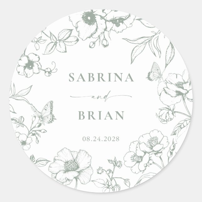 Elegant Sage Green Classic Floral Wedding  Classic Round Sticker (Front)