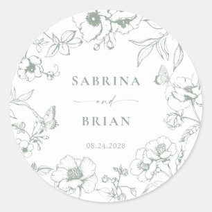Elegant Sage Green Classic Floral Wedding  Round Sticker