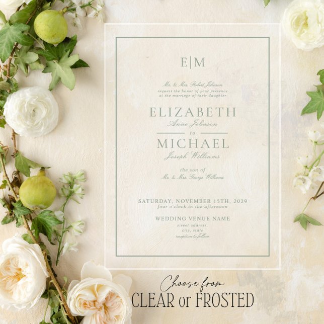 Elegant Sage Green Classic Script Monogram Wedding Acrylic Invitations (Creator Uploaded)