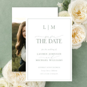 Elegant Sage Green Classy Monogram Photo Wedding Save The Date
