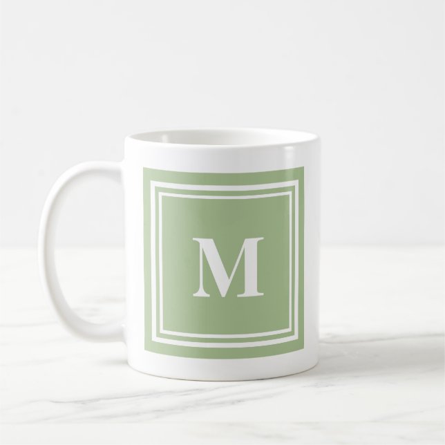 Elegant Sage Green Coloured Block Frame Monogram Coffee Mug (Left)