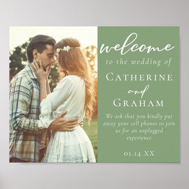 Elegant Sage Green Couple Photo Wedding Welcome Poster (Front)