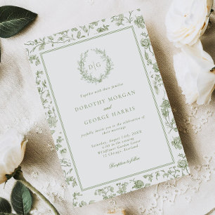 Elegant Sage Green Crest Chinoiserie Wedding Invitation