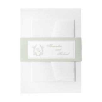 Elegant Sage Green Crest Monogram Names Wedding Invitation Belly Band