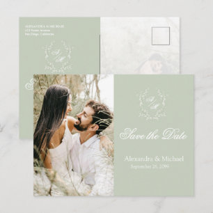 Elegant Sage Green Crest Monogram Photo Wedding Postcard