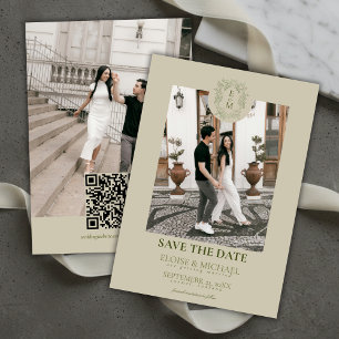 Elegant Sage Green Crest Monogram Save The Date Invitation