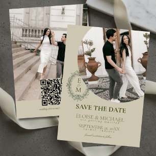 Elegant Sage Green Crest Monogram Save The Date Invitation