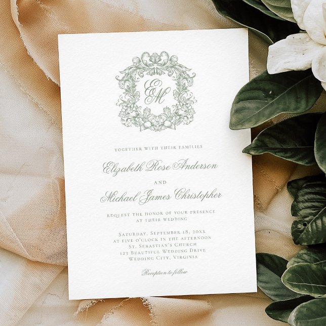 Elegant Sage Green Crest Monogram Wedding Invitation (Creator Uploaded)