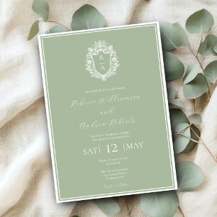 Elegant Sage Green Crest Monogram Wedding Invitation