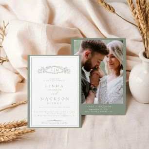 Elegant Sage Green Crest Monogram Wedding  Invitation