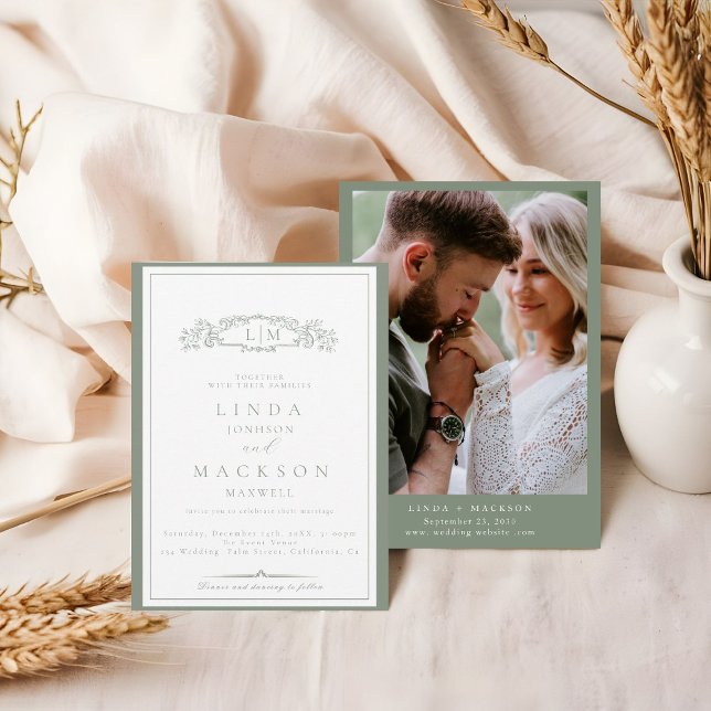 Elegant Sage Green Crest Monogram Wedding  Invitation (Creator Uploaded)