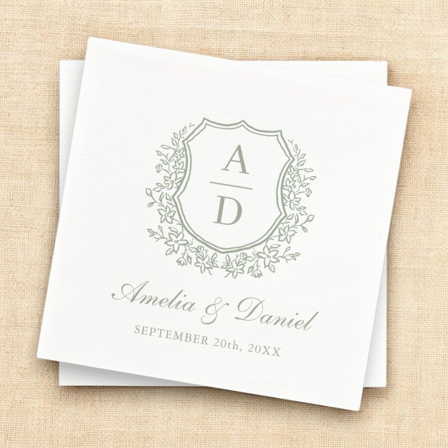 Elegant Sage Green Crest Monogram Wedding  Napkin (Creator Uploaded)
