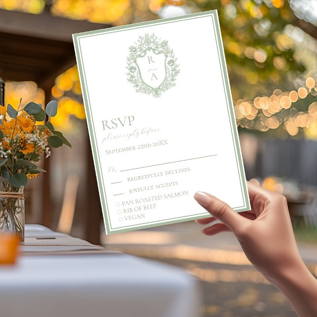 Elegant Sage Green Crest Wedding Food Choice  RSVP (Creator Uploaded)