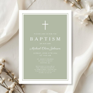 Elegant Sage Green Cross Baby Boy Baptism Invitation