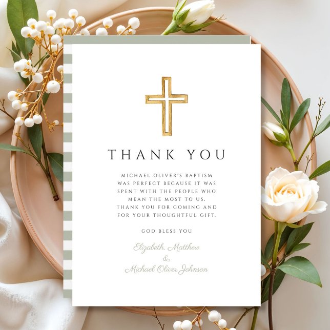 Elegant Sage Green Cross Baptism Thank You Card (Elegant Sage Green Cross Baptism Thank You Card)