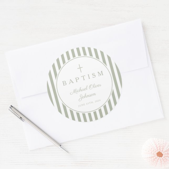 Elegant Sage Green Cross Boy Baptism  Classic Round Sticker (Envelope)